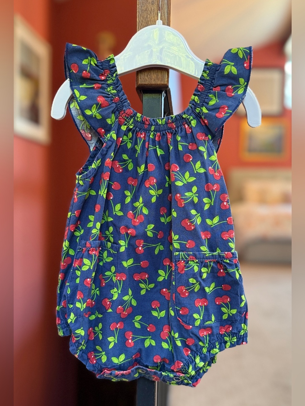 Baby CZ Navy Blue Cherry Print One-Piece Romper ~ Sz 12-18 Mos